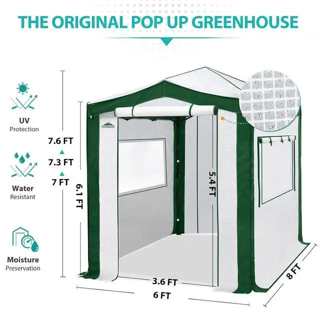 Alt view image 3 of 7 - 8x6 Portable Walk in Greenhouse with Polyester Reinforced Corners, Instant Pop Up Indoor Outdoor Gardening Green House, Roll Up Zipper Entry Doors and Mesh Windows, Green/White