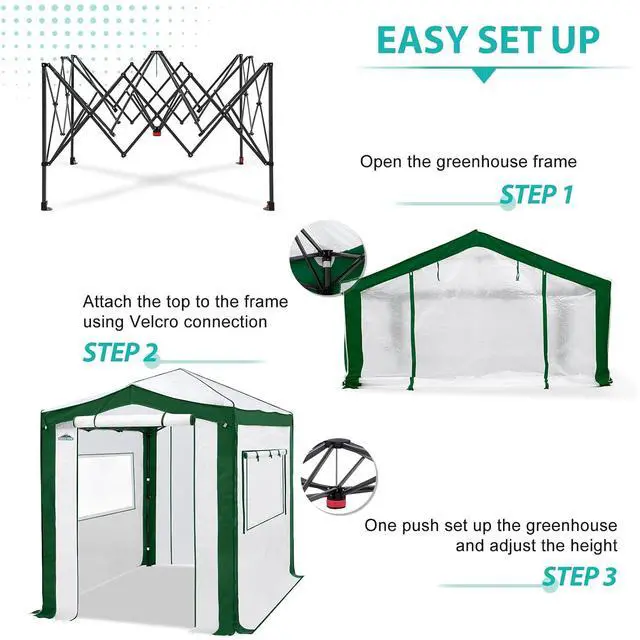 Alt view image 4 of 7 - 8x6 Portable Walk in Greenhouse with Polyester Reinforced Corners, Instant Pop Up Indoor Outdoor Gardening Green House, Roll Up Zipper Entry Doors and Mesh Windows, Green/White