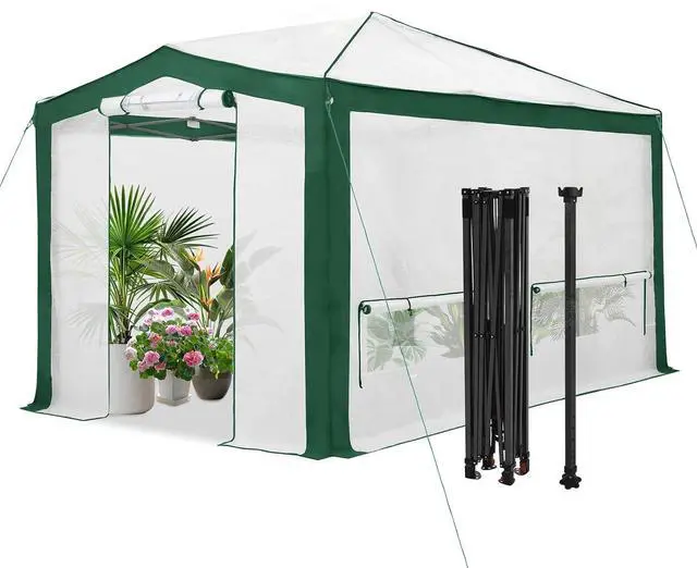 Main image of 12x8 Portable Walk in Greenhouse with Polyester Reinforced Corners, Instant Pop up Indoor Outdoor Gardening Green House, Roll Up Zipper Doors Mesh Windows & Winter Support Pole, Green/White