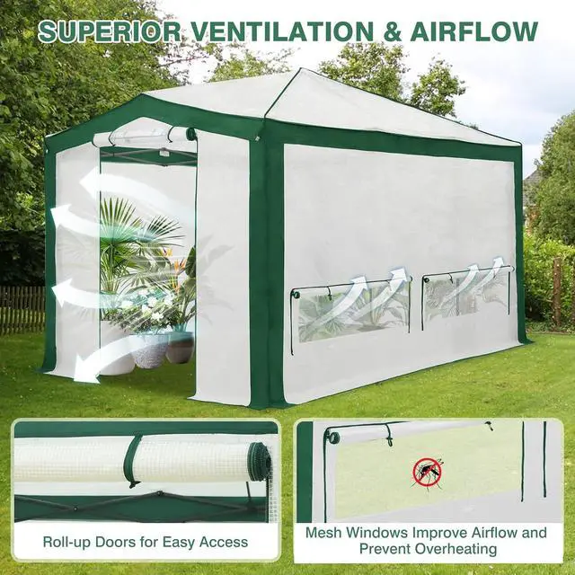 Alt view image 2 of 7 - 12x8 Portable Walk in Greenhouse with Polyester Reinforced Corners, Instant Pop up Indoor Outdoor Gardening Green House, Roll Up Zipper Doors Mesh Windows & Winter Support Pole, Green/White