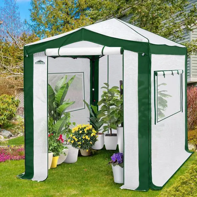 Alt view image 5 of 7 - 8x6 Portable Walk in Greenhouse with Polyester Reinforced Corners, Instant Pop Up Indoor Outdoor Gardening Green House, Roll Up Zipper Entry Doors and Mesh Windows, Green/White
