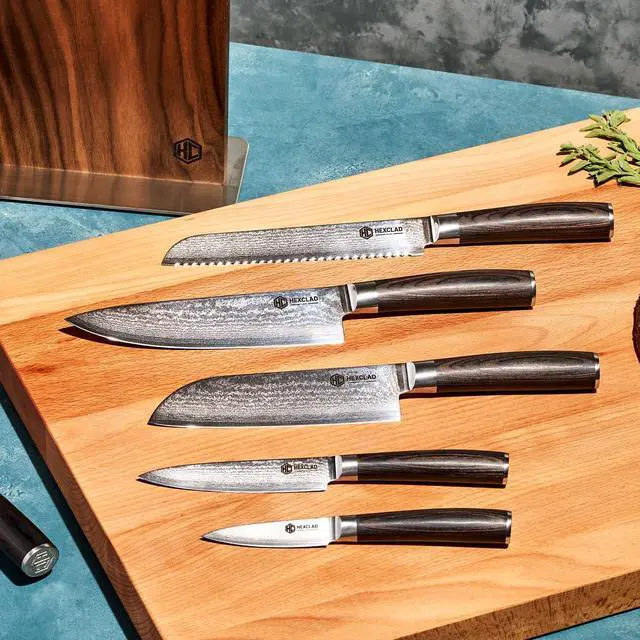 Alt view image 7 of 7 - Espresso 6 Piece Japanese Damascus Stainless Steel Blade Essential Knife Set, Full Tang Construction, Pakkawood Handle