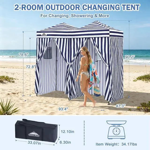 Alt view image 3 of 7 - Outdoor Pop Up Changing Room 8x4 ft, 2-Room Portable Privacy Shelter for Beach, Pool, Photoshoots or Dressing Room, White/Blue