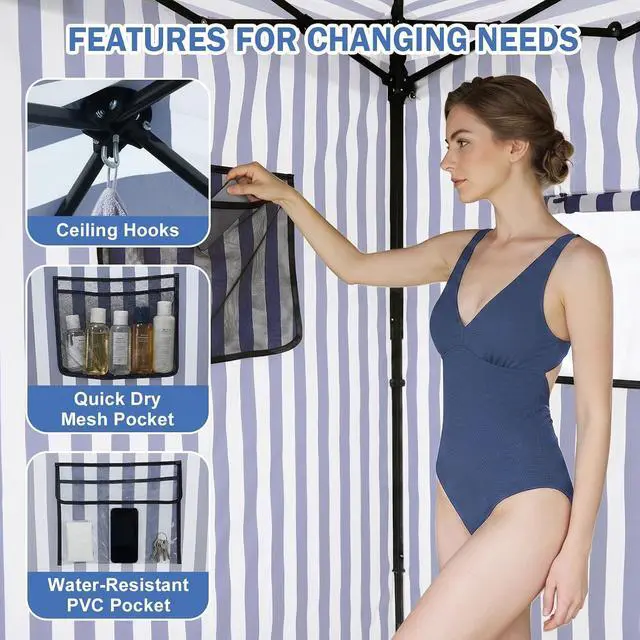 Alt view image 4 of 7 - Outdoor Pop Up Changing Room 8x4 ft, 2-Room Portable Privacy Shelter for Beach, Pool, Photoshoots or Dressing Room, White/Blue