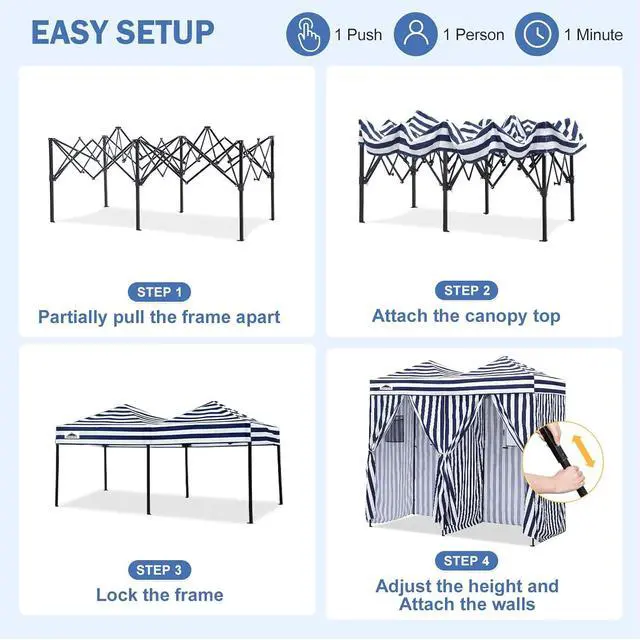 Alt view image 6 of 7 - Outdoor Pop Up Changing Room 8x4 ft, 2-Room Portable Privacy Shelter for Beach, Pool, Photoshoots or Dressing Room, White/Blue