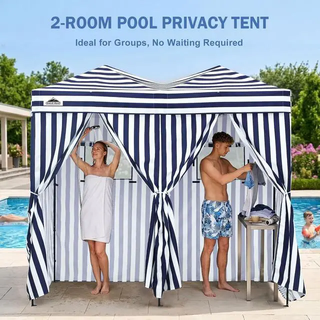 Alt view image 5 of 7 - Outdoor Pop Up Changing Room 8x4 ft, 2-Room Portable Privacy Shelter for Beach, Pool, Photoshoots or Dressing Room, White/Blue
