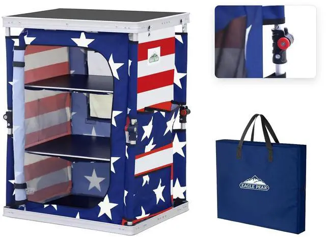 Main image of Outdoor Folding Camping Table with Large 3-Tier Storage Organizer and Side Pockets, Easy Set Up Portable Aluminum Camping Kitchen, American Flag