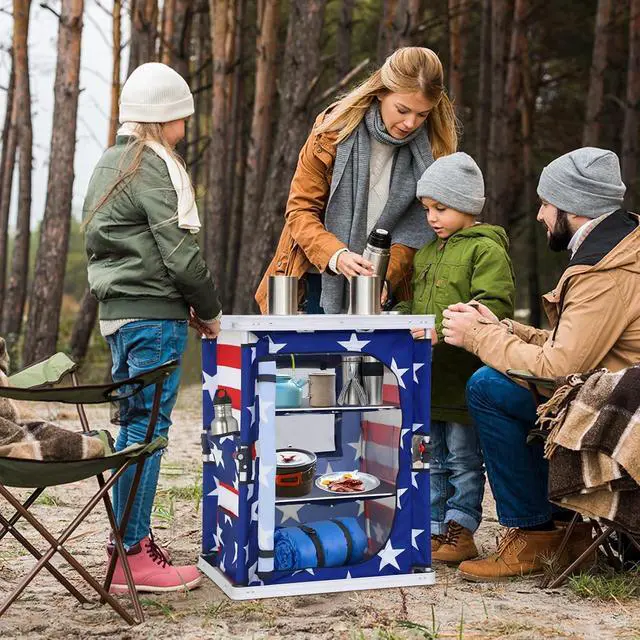 Alt view image 2 of 7 - Outdoor Folding Camping Table with Large 3-Tier Storage Organizer and Side Pockets, Easy Set Up Portable Aluminum Camping Kitchen, American Flag
