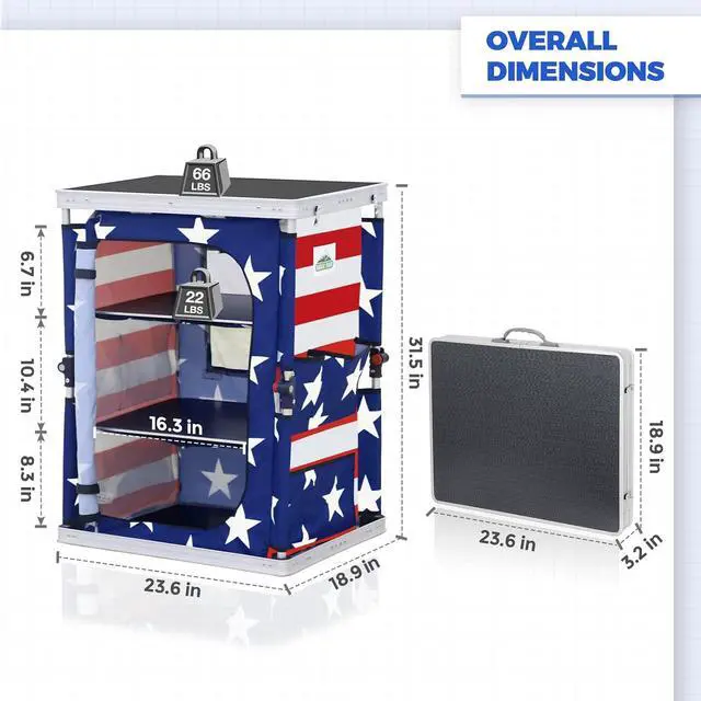 Alt view image 3 of 7 - Outdoor Folding Camping Table with Large 3-Tier Storage Organizer and Side Pockets, Easy Set Up Portable Aluminum Camping Kitchen, American Flag