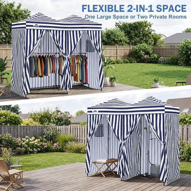 Alt view image 7 of 7 - Outdoor Pop Up Changing Room 8x4 ft, 2-Room Portable Privacy Shelter for Beach, Pool, Photoshoots or Dressing Room, White/Blue