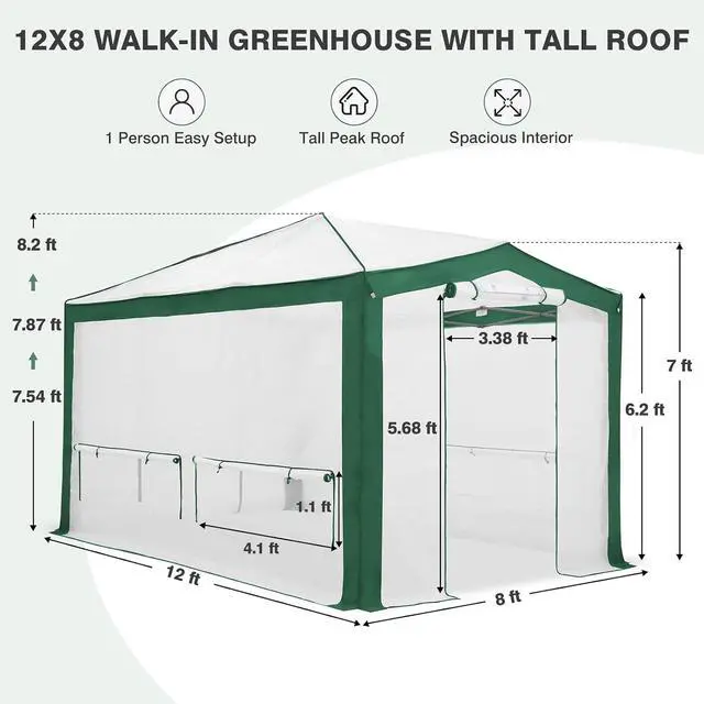 Alt view image 3 of 7 - 12x8 Portable Walk in Greenhouse with Polyester Reinforced Corners, Instant Pop up Indoor Outdoor Gardening Green House, Roll Up Zipper Doors Mesh Windows & Winter Support Pole, Green/White