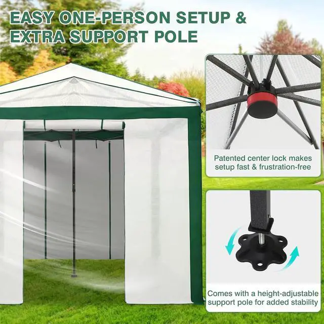 Alt view image 4 of 7 - 12x8 Portable Walk in Greenhouse with Polyester Reinforced Corners, Instant Pop up Indoor Outdoor Gardening Green House, Roll Up Zipper Doors Mesh Windows & Winter Support Pole, Green/White