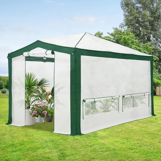 Alt view image 5 of 7 - 12x8 Portable Walk in Greenhouse with Polyester Reinforced Corners, Instant Pop up Indoor Outdoor Gardening Green House, Roll Up Zipper Doors Mesh Windows & Winter Support Pole, Green/White