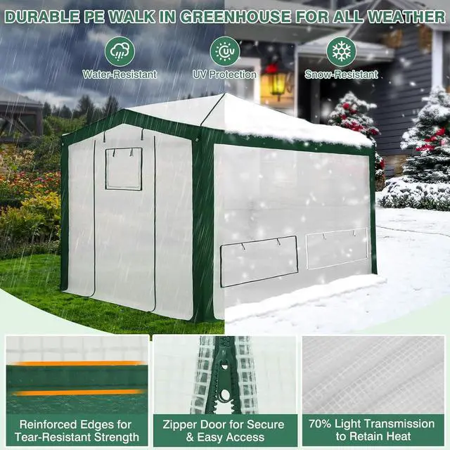 Alt view image 6 of 7 - 12x8 Portable Walk in Greenhouse with Polyester Reinforced Corners, Instant Pop up Indoor Outdoor Gardening Green House, Roll Up Zipper Doors Mesh Windows & Winter Support Pole, Green/White