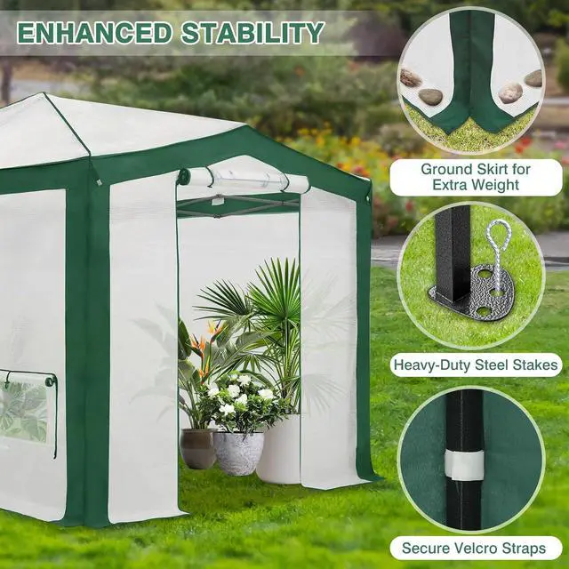 Alt view image 7 of 7 - 12x8 Portable Walk in Greenhouse with Polyester Reinforced Corners, Instant Pop up Indoor Outdoor Gardening Green House, Roll Up Zipper Doors Mesh Windows & Winter Support Pole, Green/White