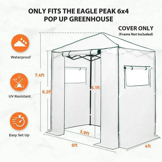 Alt view image 4 of 6 - Replacement Cover for 6x4 Portable Walk-in Pop up Greenhouse, Front Roll-Up Zipper Entry Door and 2 Roll-Up Side Windows (Frame Not Included), White