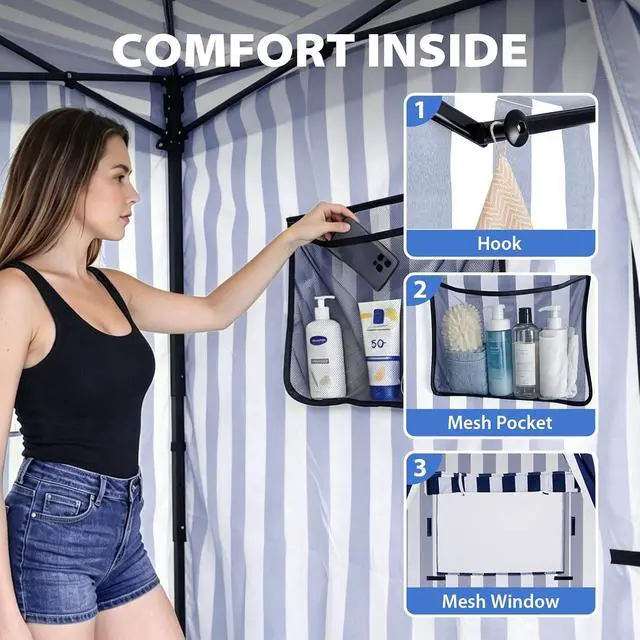 Alt view image 2 of 7 - 4x4 Pop Up Changing Tent, Flat Top Changing Room, White/Blue | Portable, Privacy Tent, Pool Cabana, Dressing Room, Shower & Toilet Use, Opaque Fabric, Instant Setup, Photoshoots, Camping