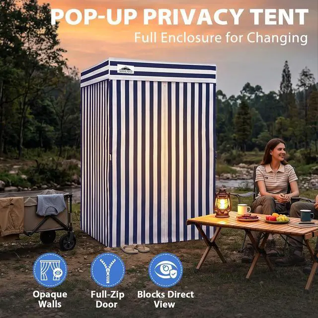 Alt view image 4 of 7 - 4x4 Pop Up Changing Tent, Flat Top Changing Room, White/Blue | Portable, Privacy Tent, Pool Cabana, Dressing Room, Shower & Toilet Use, Opaque Fabric, Instant Setup, Photoshoots, Camping