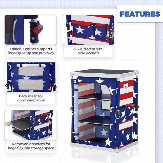 Alt view image 4 of 7 - Outdoor Folding Camping Table with Large 3-Tier Storage Organizer and Side Pockets, Easy Set Up Portable Aluminum Camping Kitchen, American Flag