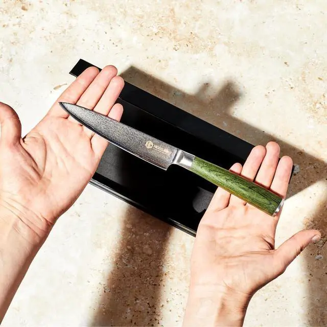 Alt view image 7 of 7 - Utility Knife, 5-Inch Japanese Damascus Stainless Steel Blade, Pakkawood Handle