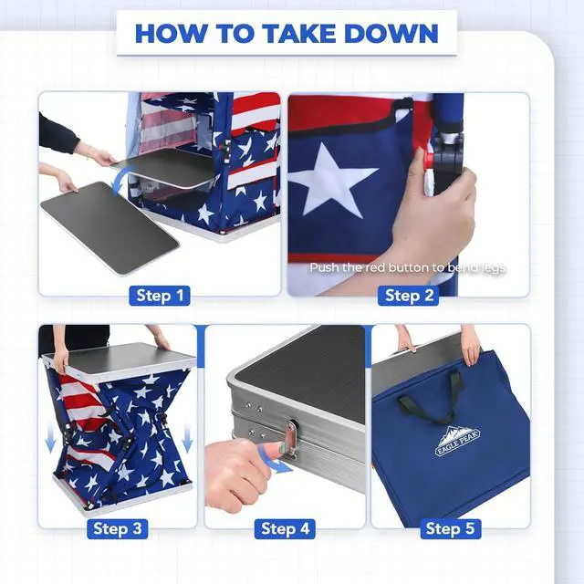 Alt view image 6 of 7 - Outdoor Folding Camping Table with Large 3-Tier Storage Organizer and Side Pockets, Easy Set Up Portable Aluminum Camping Kitchen, American Flag