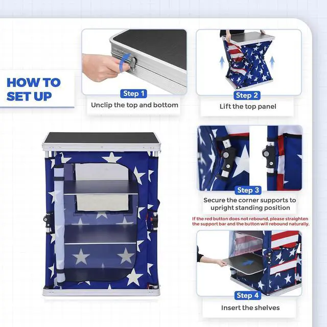 Alt view image 7 of 7 - Outdoor Folding Camping Table with Large 3-Tier Storage Organizer and Side Pockets, Easy Set Up Portable Aluminum Camping Kitchen, American Flag