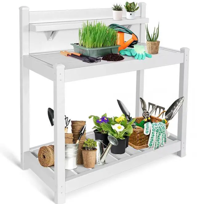 Main image of Potting Bench, Weatherproof Vinyl Potting Table for Outdoor & Indoor Use, Easy Clean Garden Workstation with Storage Shelves, White, 40"