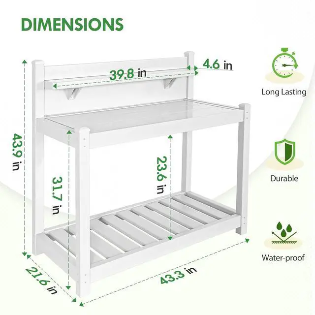 Alt view image 4 of 7 - Potting Bench, Weatherproof Vinyl Potting Table for Outdoor & Indoor Use, Easy Clean Garden Workstation with Storage Shelves, White, 40"