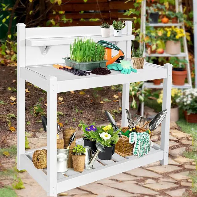 Alt view image 5 of 7 - Potting Bench, Weatherproof Vinyl Potting Table for Outdoor & Indoor Use, Easy Clean Garden Workstation with Storage Shelves, White, 40"