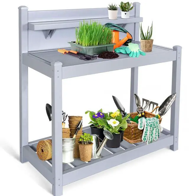 Main image of Potting Bench, Weatherproof Vinyl Potting Table for Outdoor & Indoor Use, Easy Clean Garden Workstation with Storage Shelves, Gray, 40"