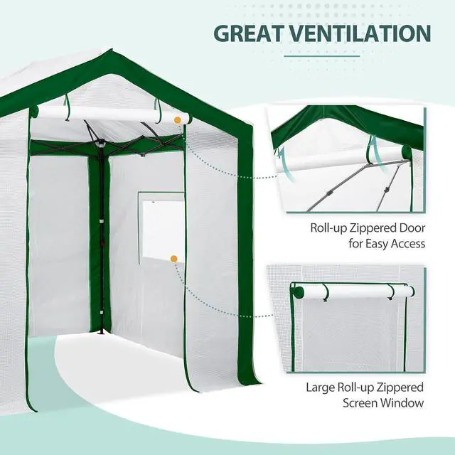 Alt view image 2 of 7 - Replacement Cover for 8x6 Portable Pop up Greenhouse with Polyester Reinforced Corners, Front Roll-Up Zipper Entry Door and 3 Large Roll-Up Side Windows (Frame Not Included), Green/White