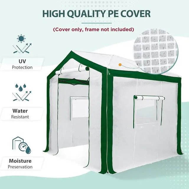 Alt view image 4 of 7 - Replacement Cover for 8x6 Portable Pop up Greenhouse with Polyester Reinforced Corners, Front Roll-Up Zipper Entry Door and 3 Large Roll-Up Side Windows (Frame Not Included), Green/White
