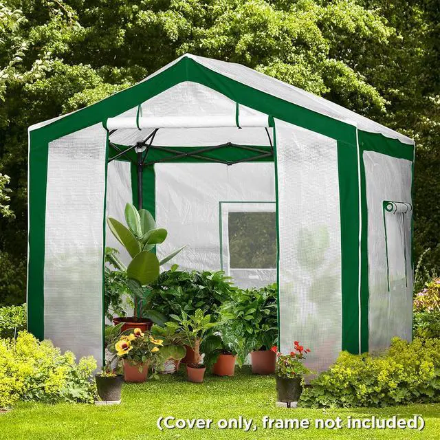 Alt view image 5 of 7 - Replacement Cover for 8x6 Portable Pop up Greenhouse with Polyester Reinforced Corners, Front Roll-Up Zipper Entry Door and 3 Large Roll-Up Side Windows (Frame Not Included), Green/White
