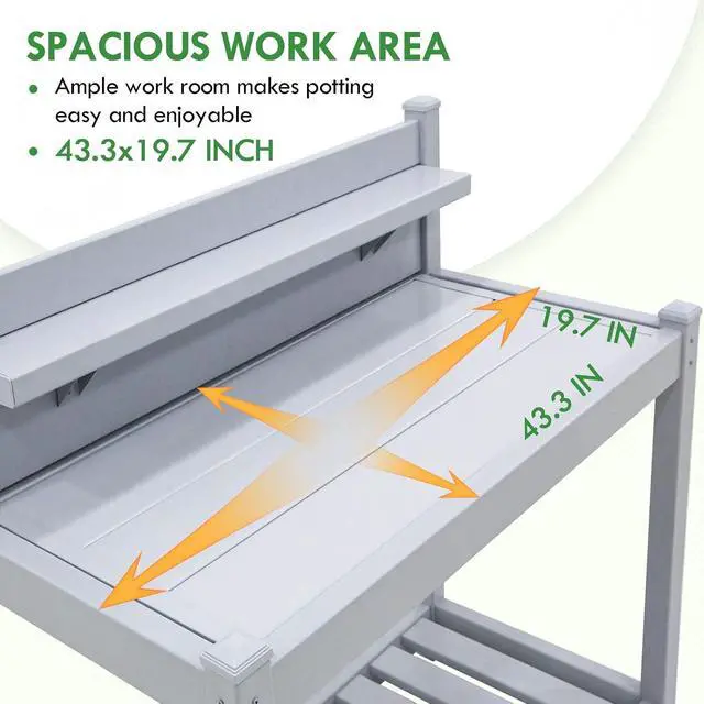 Alt view image 2 of 7 - Potting Bench, Weatherproof Vinyl Potting Table for Outdoor & Indoor Use, Easy Clean Garden Workstation with Storage Shelves, Gray, 40"
