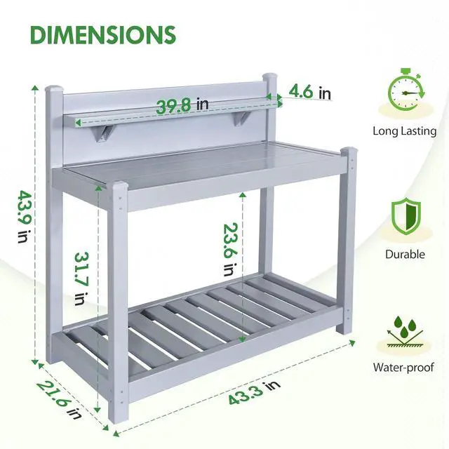 Alt view image 5 of 7 - Potting Bench, Weatherproof Vinyl Potting Table for Outdoor & Indoor Use, Easy Clean Garden Workstation with Storage Shelves, Gray, 40"