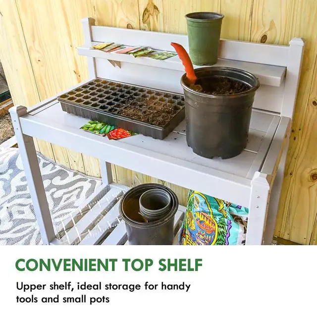 Alt view image 4 of 7 - Potting Bench, Weatherproof Vinyl Potting Table for Outdoor & Indoor Use, Easy Clean Garden Workstation with Storage Shelves, Gray, 40"