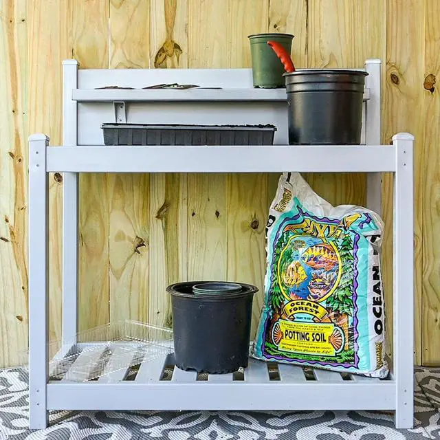Alt view image 6 of 7 - Potting Bench, Weatherproof Vinyl Potting Table for Outdoor & Indoor Use, Easy Clean Garden Workstation with Storage Shelves, Gray, 40"