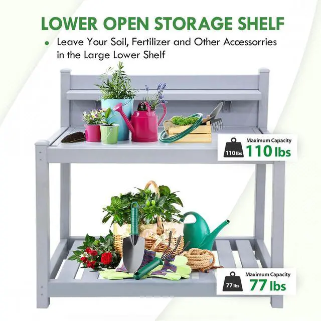 Alt view image 7 of 7 - Potting Bench, Weatherproof Vinyl Potting Table for Outdoor & Indoor Use, Easy Clean Garden Workstation with Storage Shelves, Gray, 40"