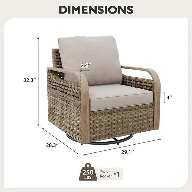 Alt view image 2 of 7 - Modern Wicker Outdoor Glider Rocking Chair, Swivel Rocker, Rattan Patio Furniture for Yard Deck Porch Garden, 1 Chair, Brown/Gray
