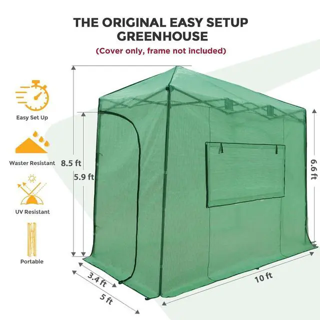 Alt view image 3 of 6 - Replacement Cover for 10x5 Portable Lean-to Greenhouse, 2 Roll-Up Zipper Entry Doors and 1 Large Roll-Up Side Window (Frame Not Included), Green