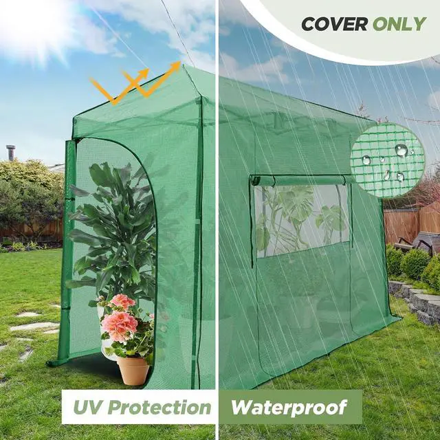 Alt view image 4 of 6 - Replacement Cover for 10x5 Portable Lean-to Greenhouse, 2 Roll-Up Zipper Entry Doors and 1 Large Roll-Up Side Window (Frame Not Included), Green