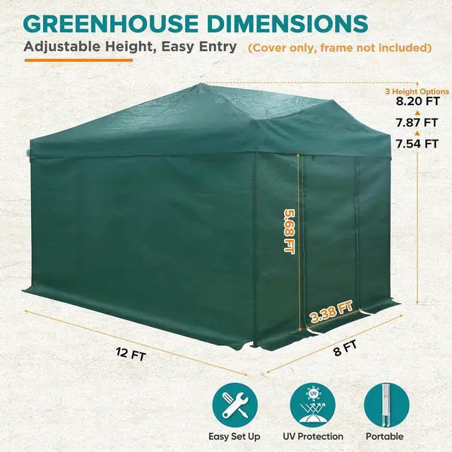 Alt view image 3 of 7 - Replacement Mesh Cover for 12x8 Portable Walk-in Pop up Greenhouse, Front and Rear Zippered Entry Doors (Frame Not Included), Green