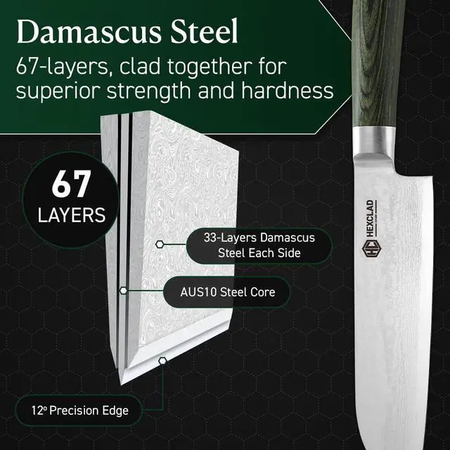Alt view image 5 of 7 - 7 Inch Japanese Damascus Stainless Steel Santoku Knife, Full Tang Construction, Pakkawood Handle