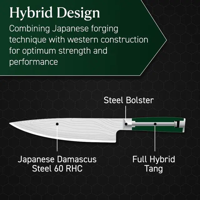 Alt view image 4 of 6 - HexClad Green 7 Piece Japanese Damascus Stainless Steel Blade Essential Knife Set with Magnetic Knife Block, Full Tang Construction, Pakkawood Handle