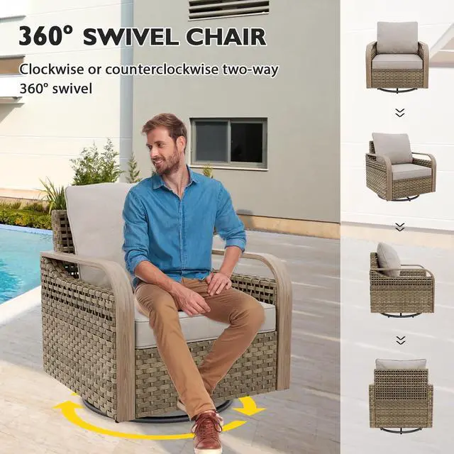 Alt view image 5 of 7 - Modern Wicker Outdoor Glider Rocking Chair, Swivel Rocker, Rattan Patio Furniture for Yard Deck Porch Garden, 1 Chair, Brown/Gray