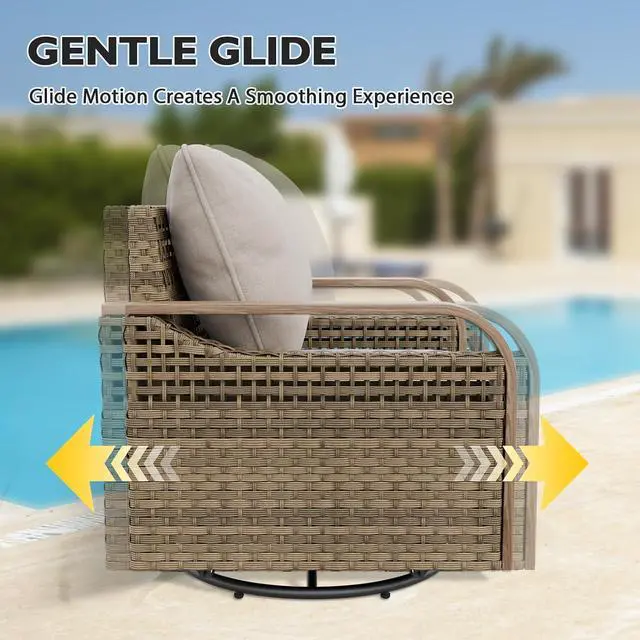 Alt view image 4 of 7 - Modern Wicker Outdoor Glider Rocking Chair, Swivel Rocker, Rattan Patio Furniture for Yard Deck Porch Garden, 1 Chair, Brown/Gray