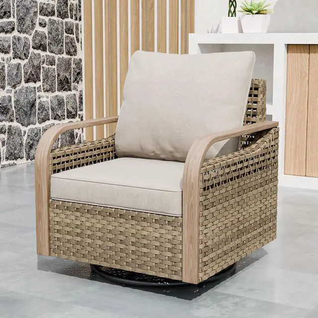 Alt view image 6 of 7 - Modern Wicker Outdoor Glider Rocking Chair, Swivel Rocker, Rattan Patio Furniture for Yard Deck Porch Garden, 1 Chair, Brown/Gray