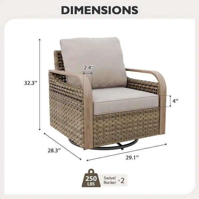 Alt view image 2 of 7 - Modern Wicker Outdoor Glider Rocking Chair, Swivel Rocker, Rattan Patio Furniture for Yard Deck Porch Garden, 2 Chairs, Brown/Gray