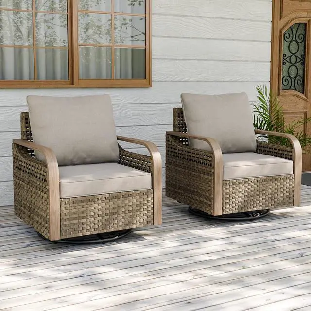 Main image of Modern Wicker Outdoor Glider Rocking Chair, Swivel Rocker, Rattan Patio Furniture for Yard Deck Porch Garden, 2 Chairs, Brown/Gray