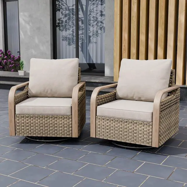 Alt view image 6 of 7 - Modern Wicker Outdoor Glider Rocking Chair, Swivel Rocker, Rattan Patio Furniture for Yard Deck Porch Garden, 2 Chairs, Brown/Gray